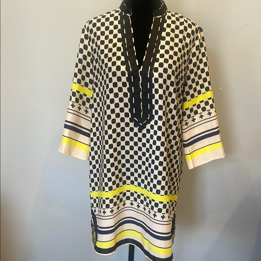 Women's Navy and White Patterned Tunic Dress with Yellow Accents